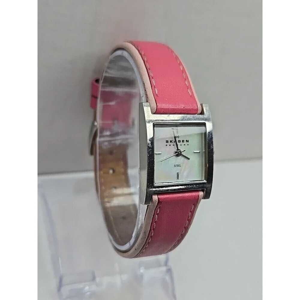 Skagen 528SSLP Women Square Watch Pearl Pink Leather Stainless Steel New Battery